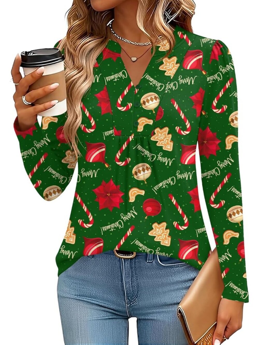 Women's Christmas01 Long Sleeve Shirts V-Neck Casual Pleated Fall Tops